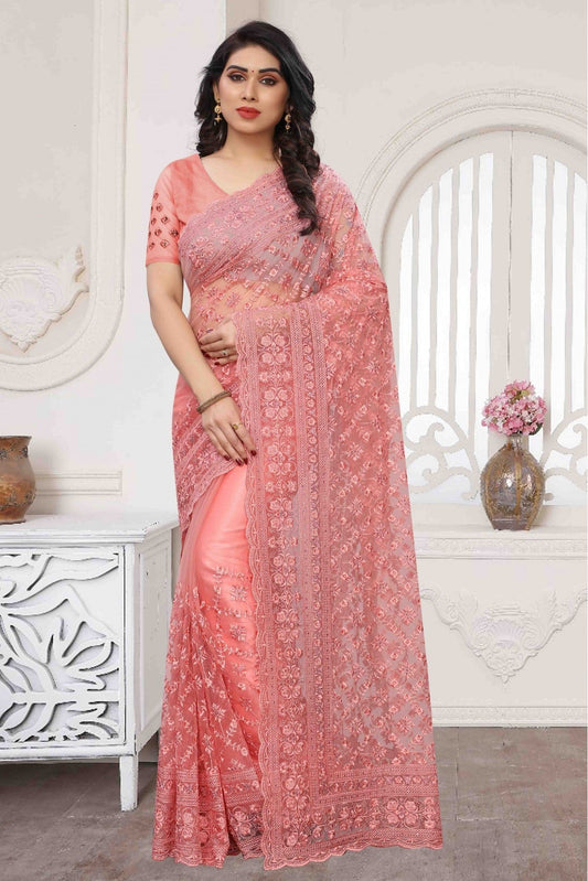 Pink Colour Net Embroidery Saree