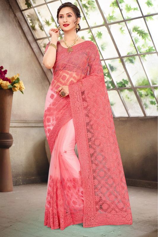 Pink Colour Net Embroidery Saree