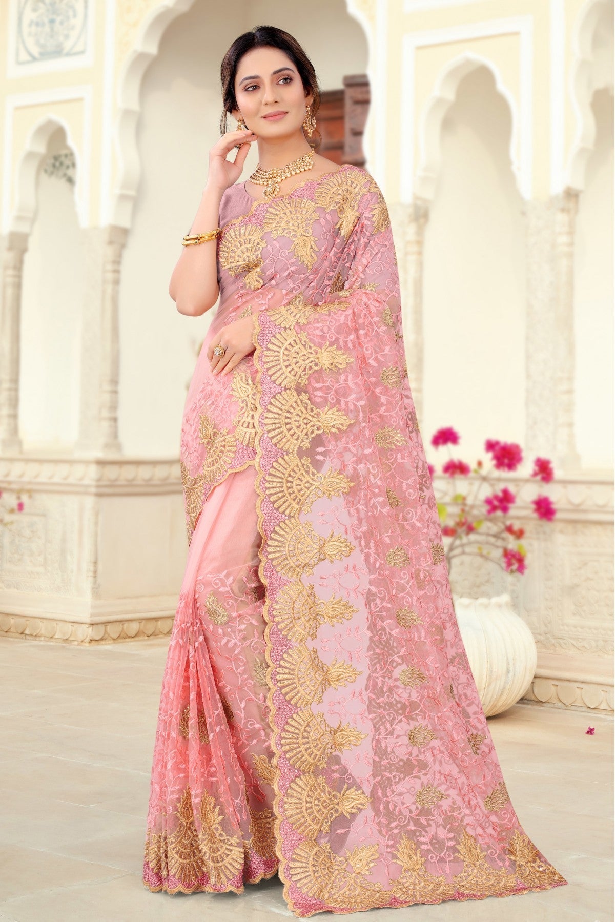 Pink Colour Net Embroidery Saree