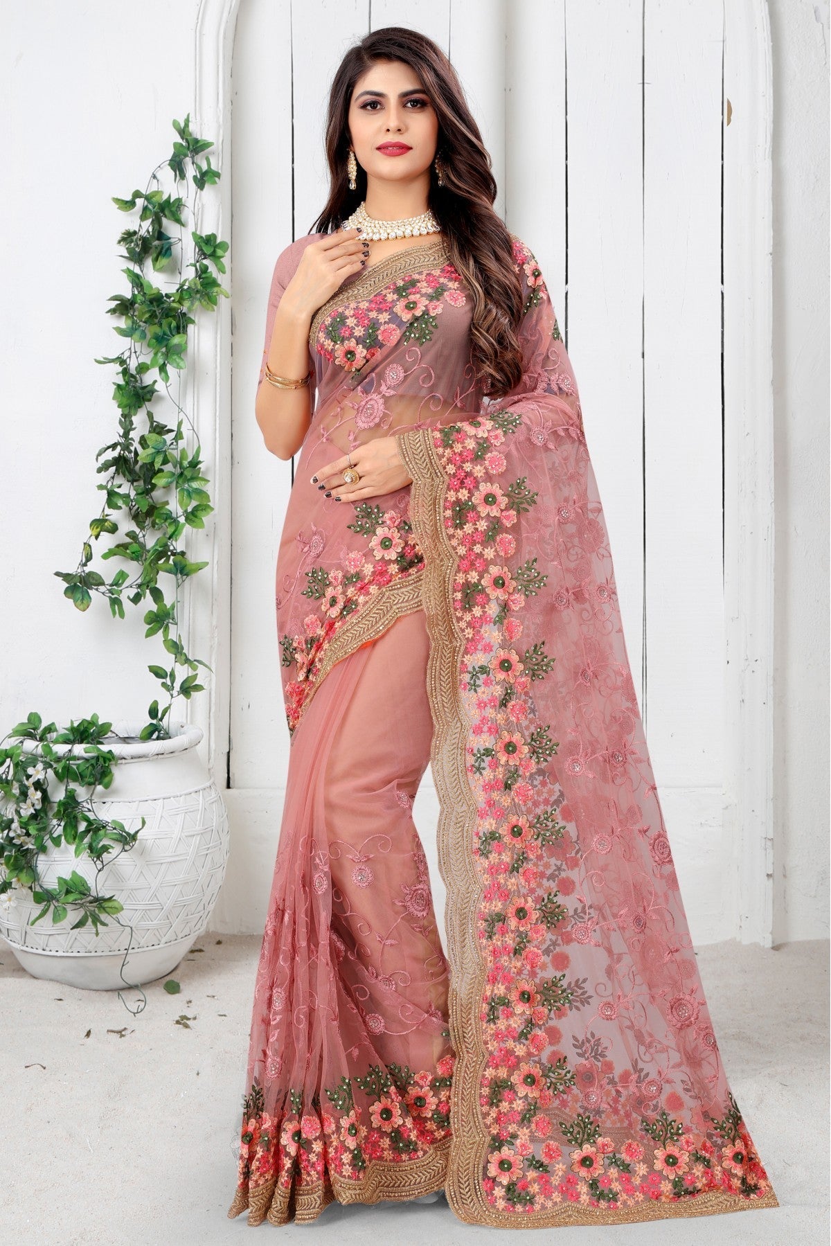 Pink Colour Net Embroidery Saree