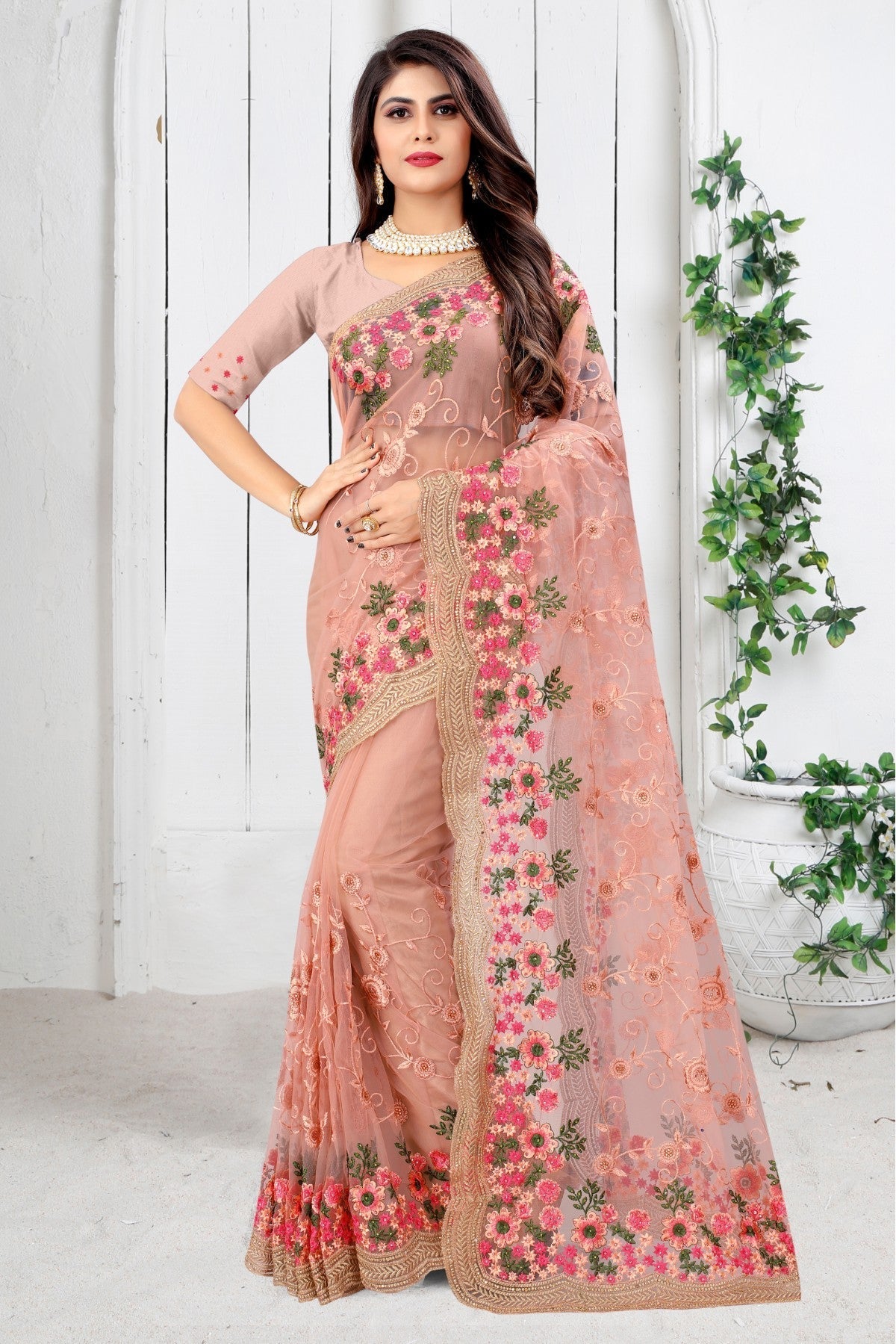 Pink Colour Net Embroidery Saree VSSD1090454