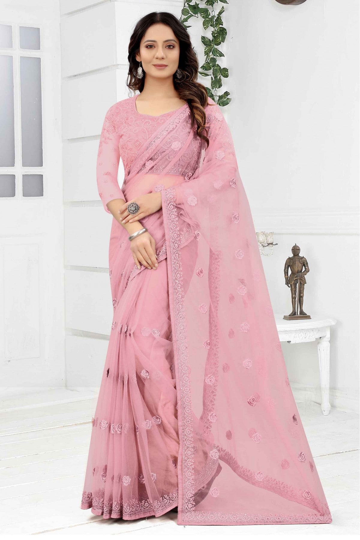 Pink Colour Net Embroidery Saree