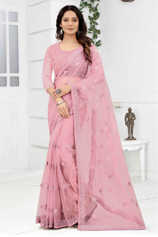 Pink Colour Net Embroidery Saree