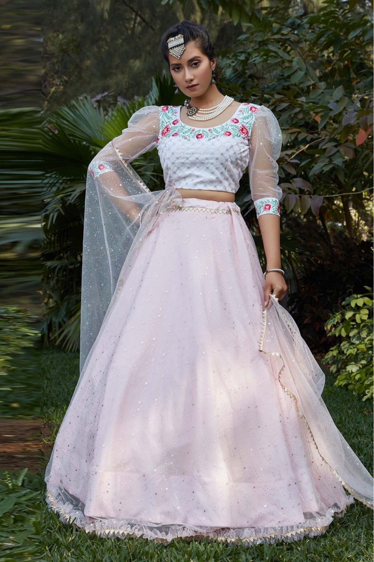 Pink Colour Net Foil Print Lehenga Choli