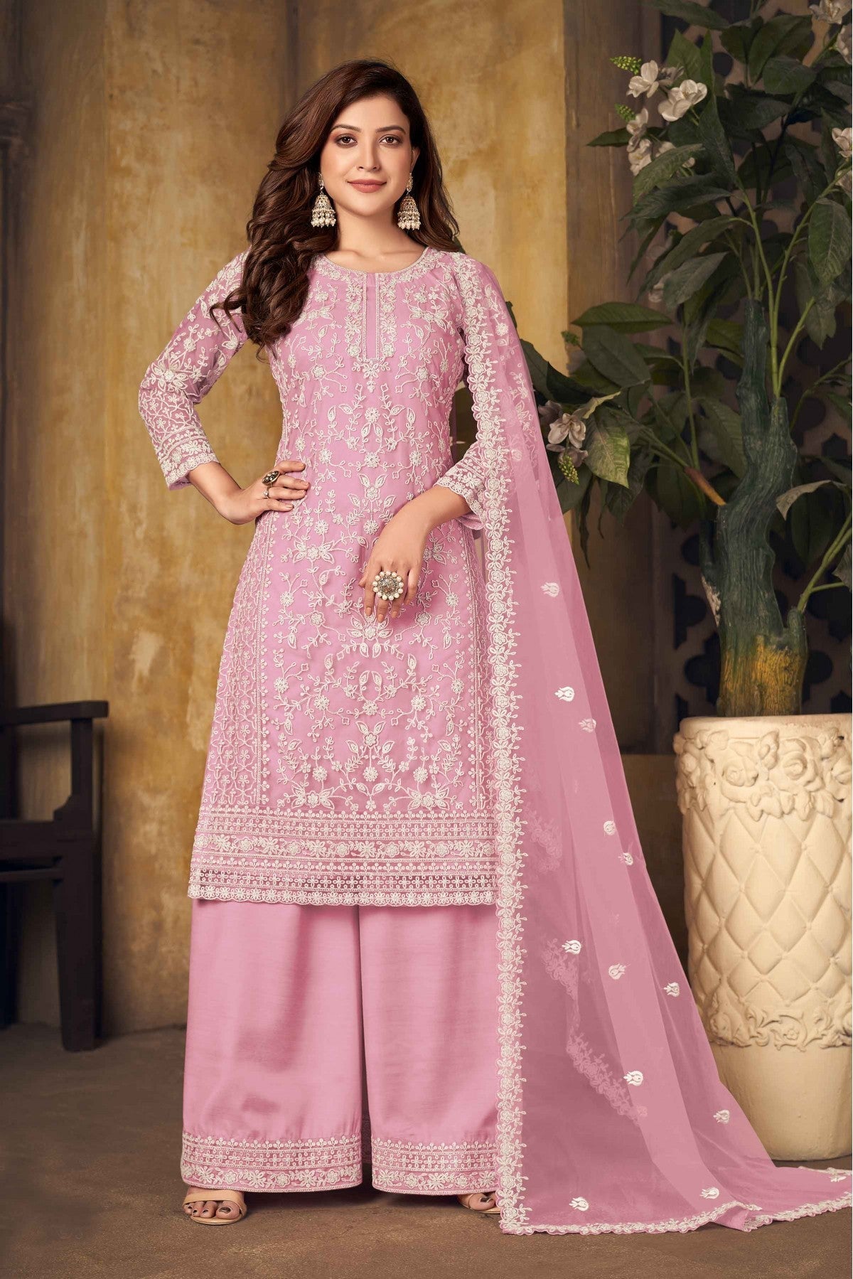 Pink Colour Net Palazzo Pant Suit