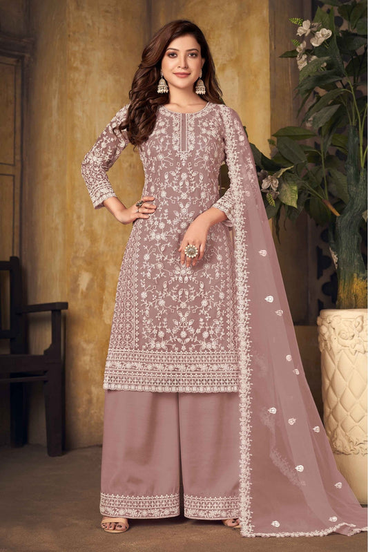 Pink Colour Net Palazzo Pant Suit