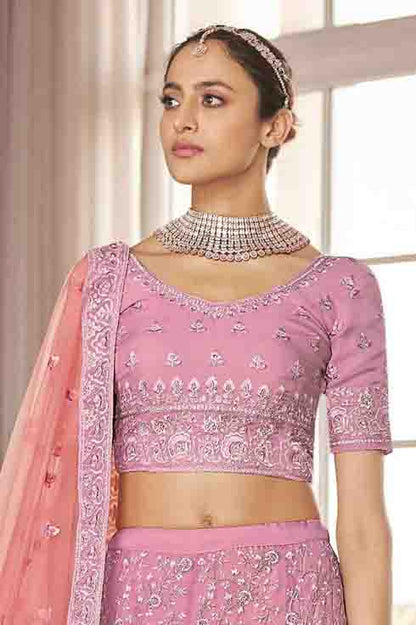 Pink Colour Organza Thread Work Lehenga Choli