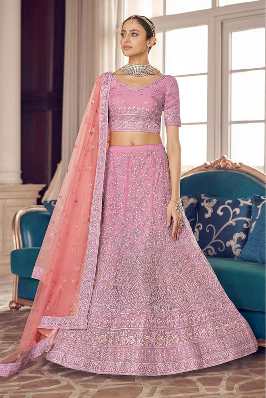 Pink Colour Organza Thread Work Lehenga Choli