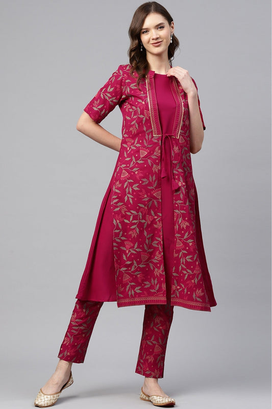 Pink Colour Plus Size Crepe Foil Print Kurti With Pant Set