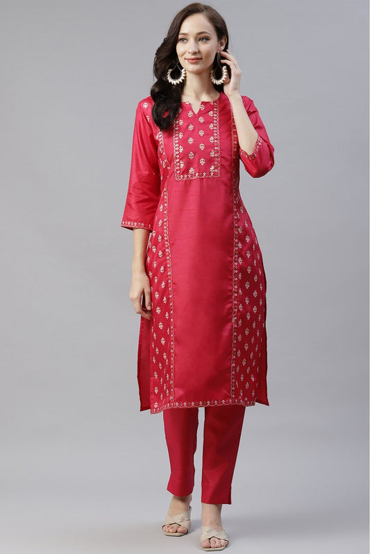 Pink Colour Plus Size Poly Silk Foil Print Kurti With Pant Set