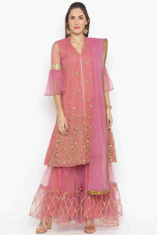 Pink Colour Plus Size Stitched Net Embroidery Sharara Suit