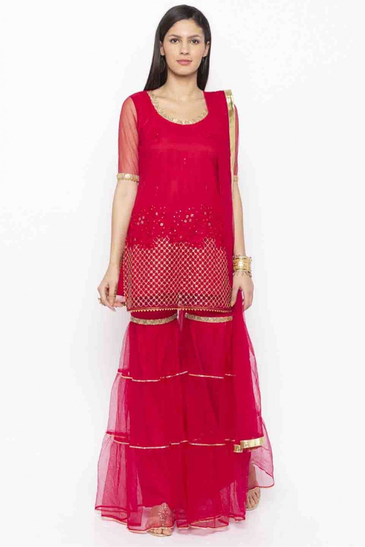 Pink Colour Plus Size Stitched Net Embroidery Sharara Suit