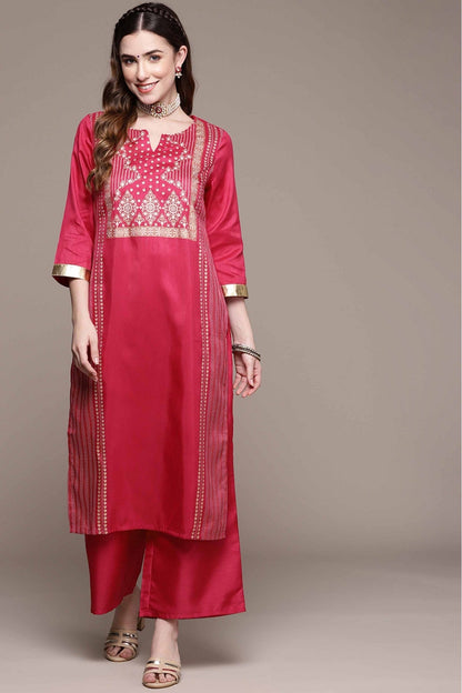 Pink Colour Poly Silk Foil Print Kurta With Palazzo