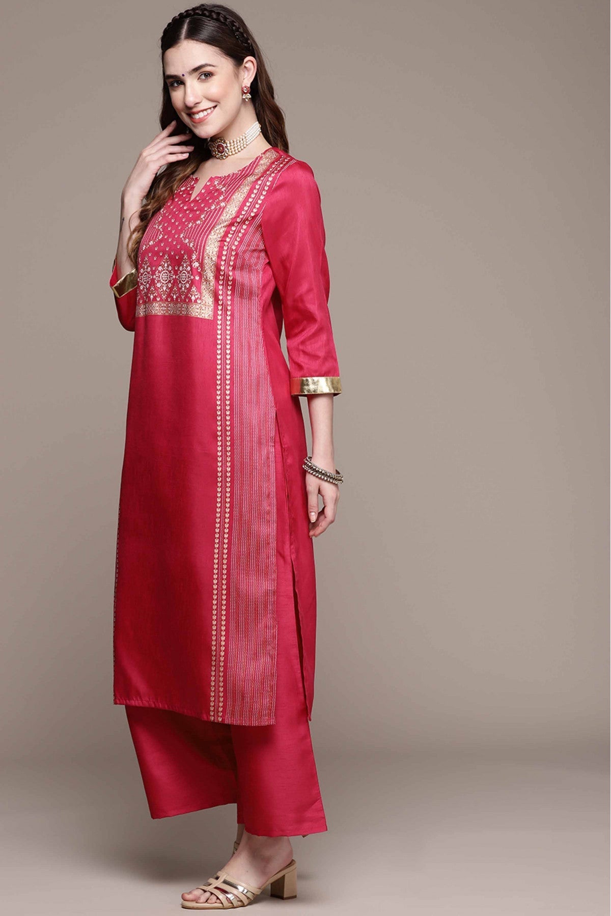 Pink Colour Poly Silk Foil Print Kurta With Palazzo