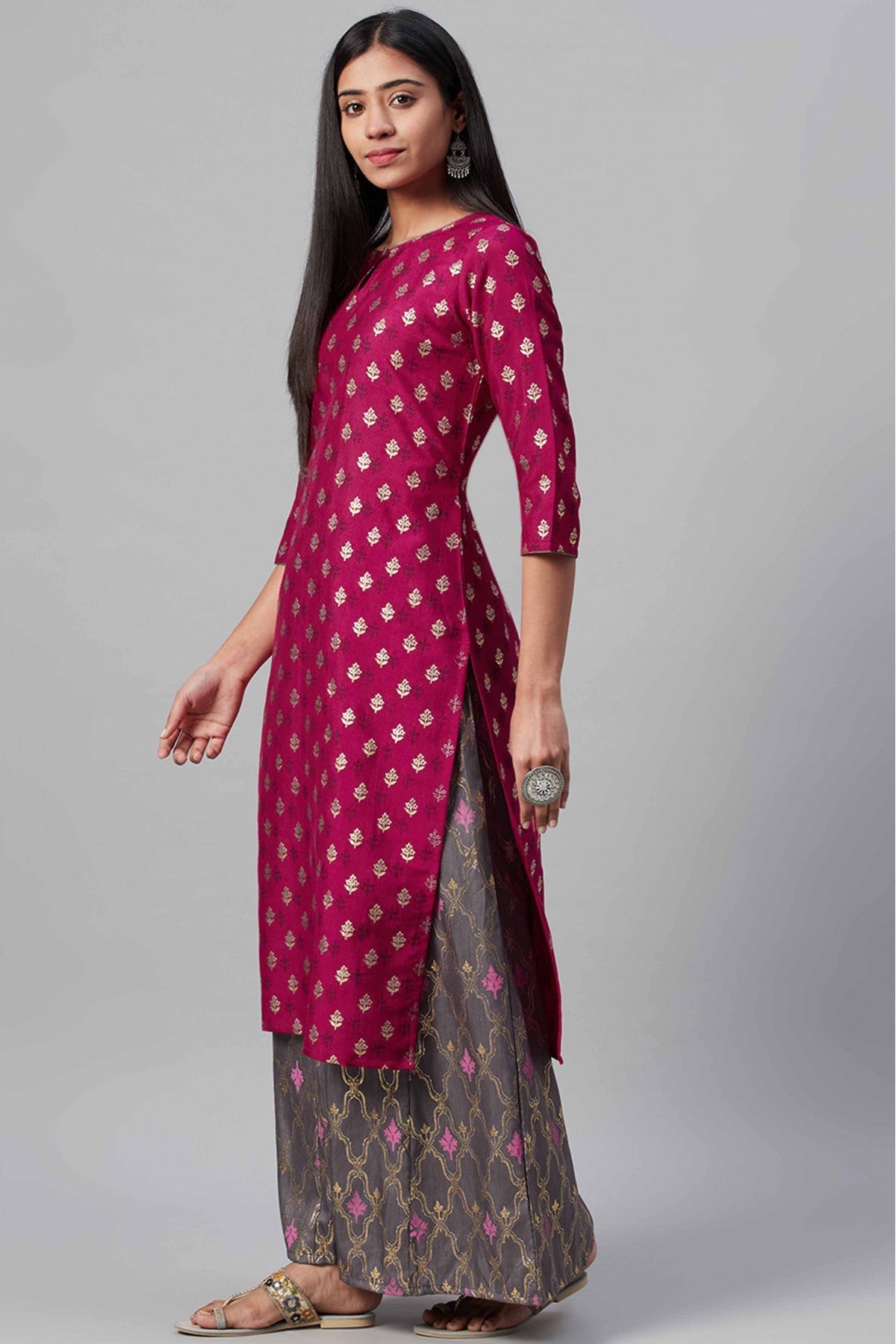 Pink Colour Poly Silk Foil Print Kurti