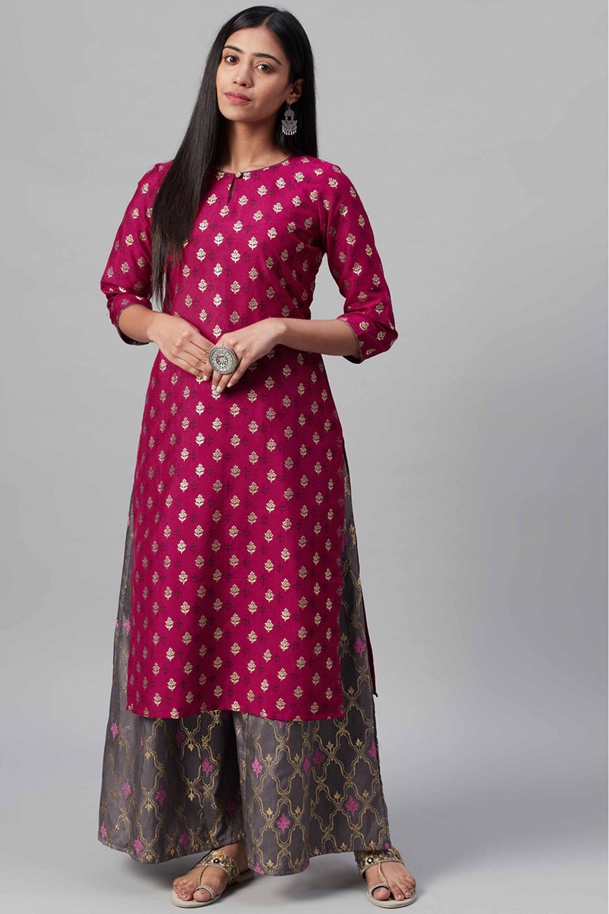 Pink Colour Poly Silk Foil Print Kurti