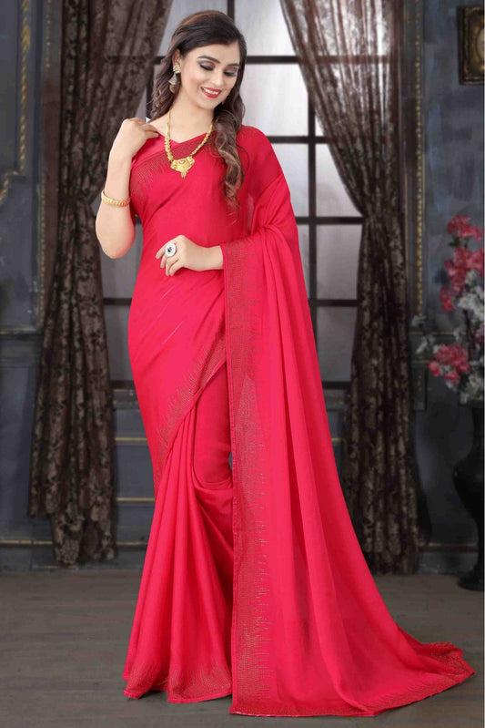 Pink Colour Pure Satin Designer Saree