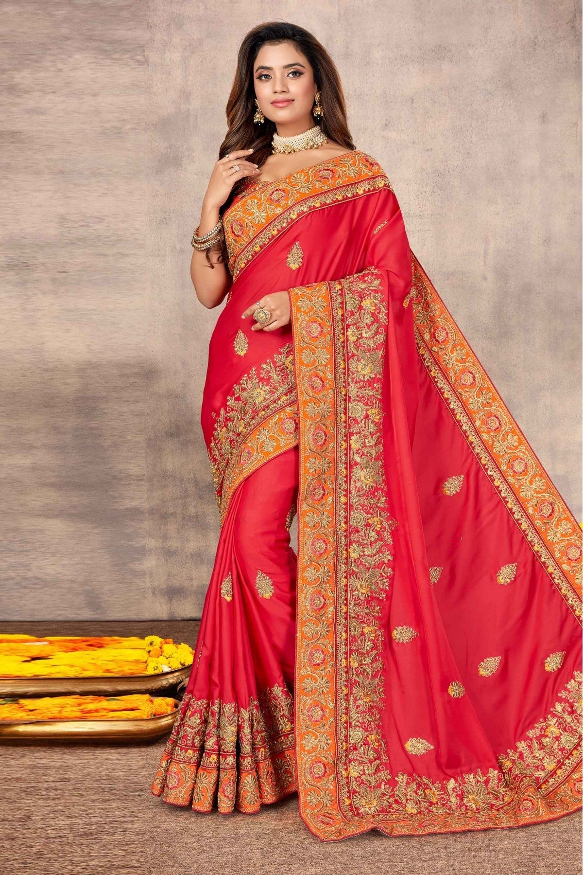 Pink Colour Satin Designer Saree