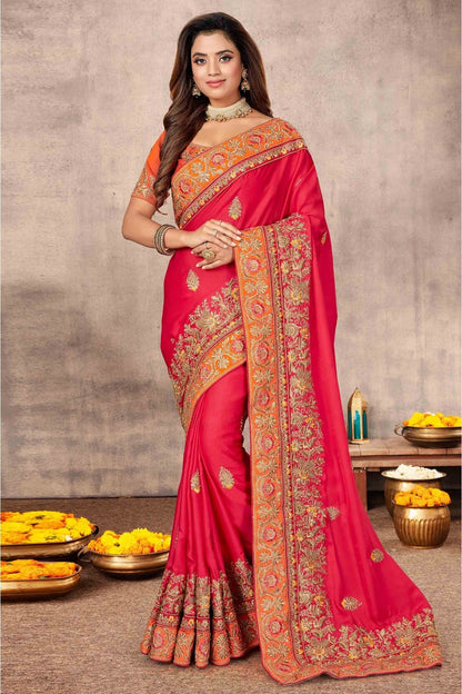 Pink Colour Satin Designer Saree