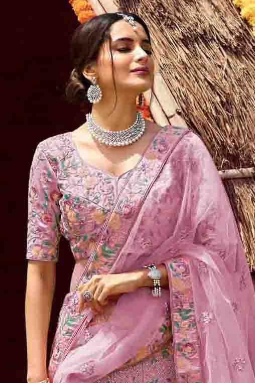 Pink Colour Satin Resham Work Lehenga Choli