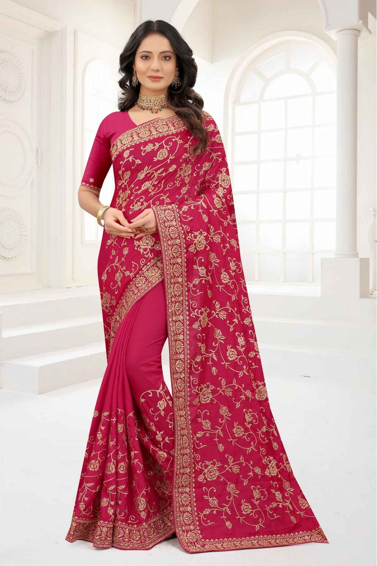 Pink Colour Satin Silk Embroidery Saree