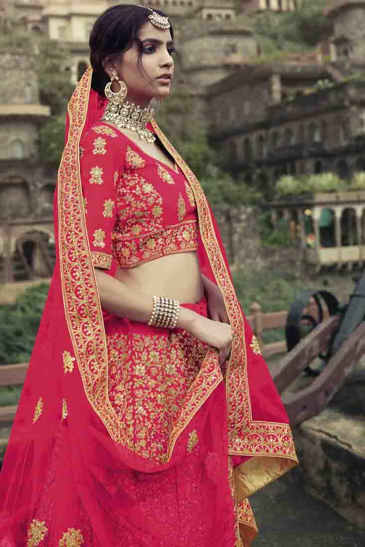 Pink Colour Satin Thread Work Lehenga Choli