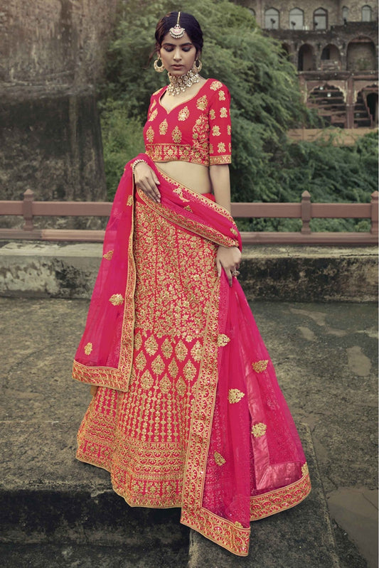 Pink Colour Satin Thread Work Lehenga Choli