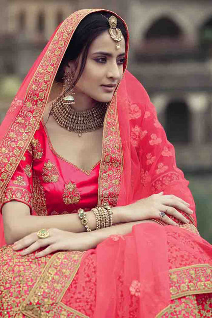 Pink Colour Satin Thread Work Lehenga Choli