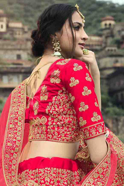 Pink Colour Satin Thread Work Lehenga Choli