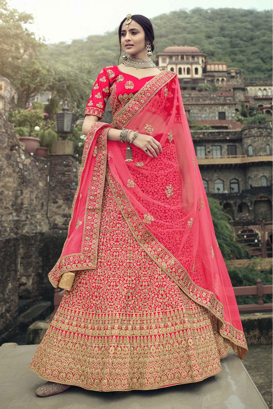 Pink Colour Satin Thread Work Lehenga Choli