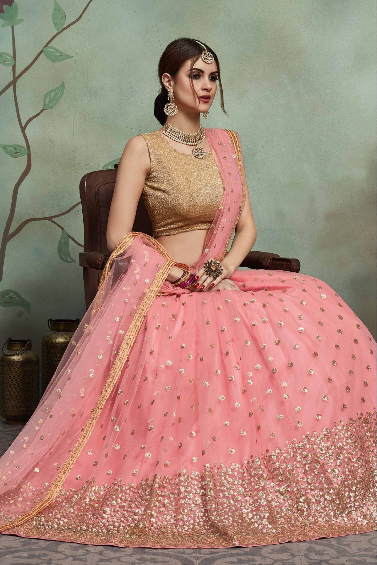 Pink Colour Soft Net Sequins Work Lehenga Choli