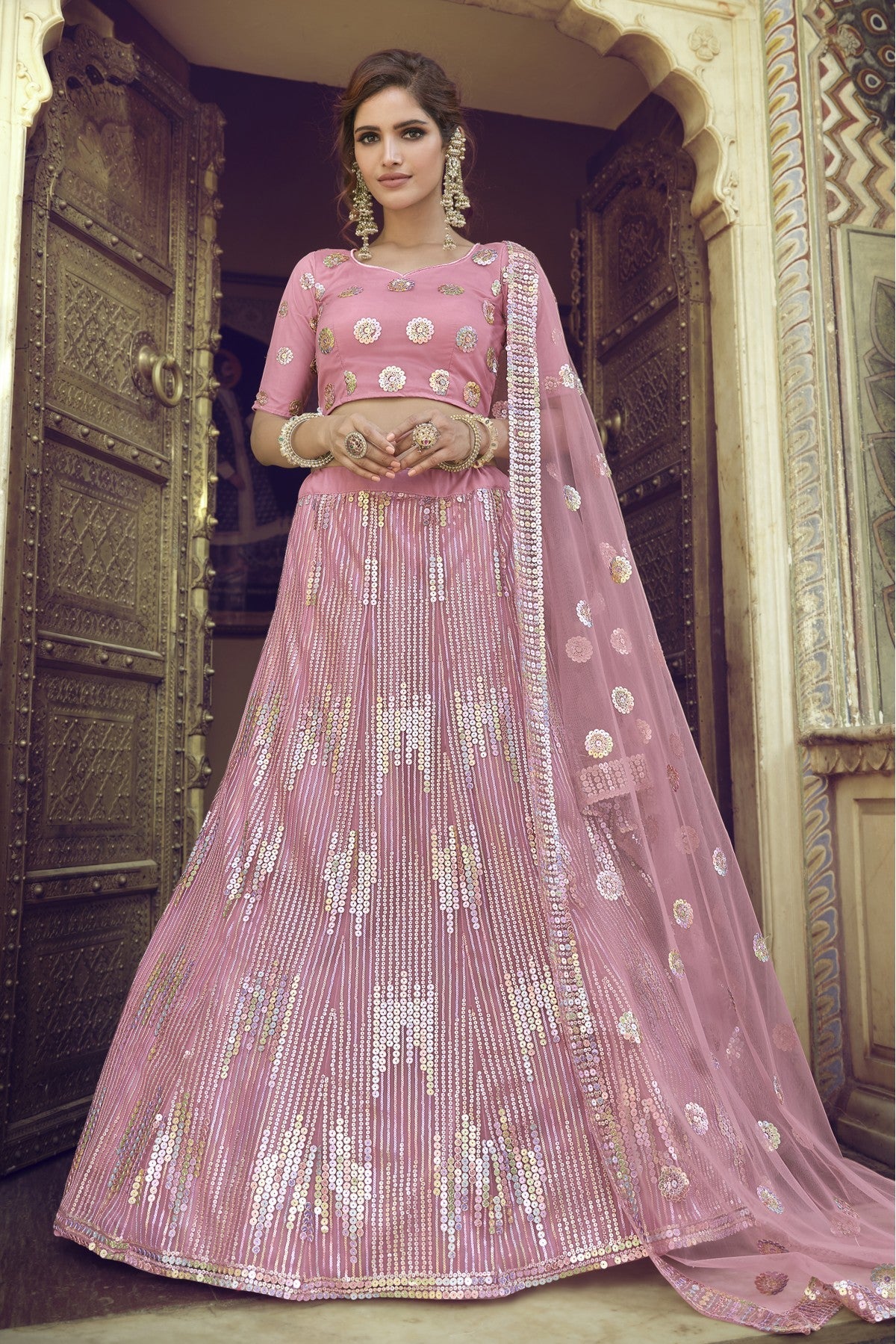 Pink Colour Soft Net Sequins Work Lehenga Choli