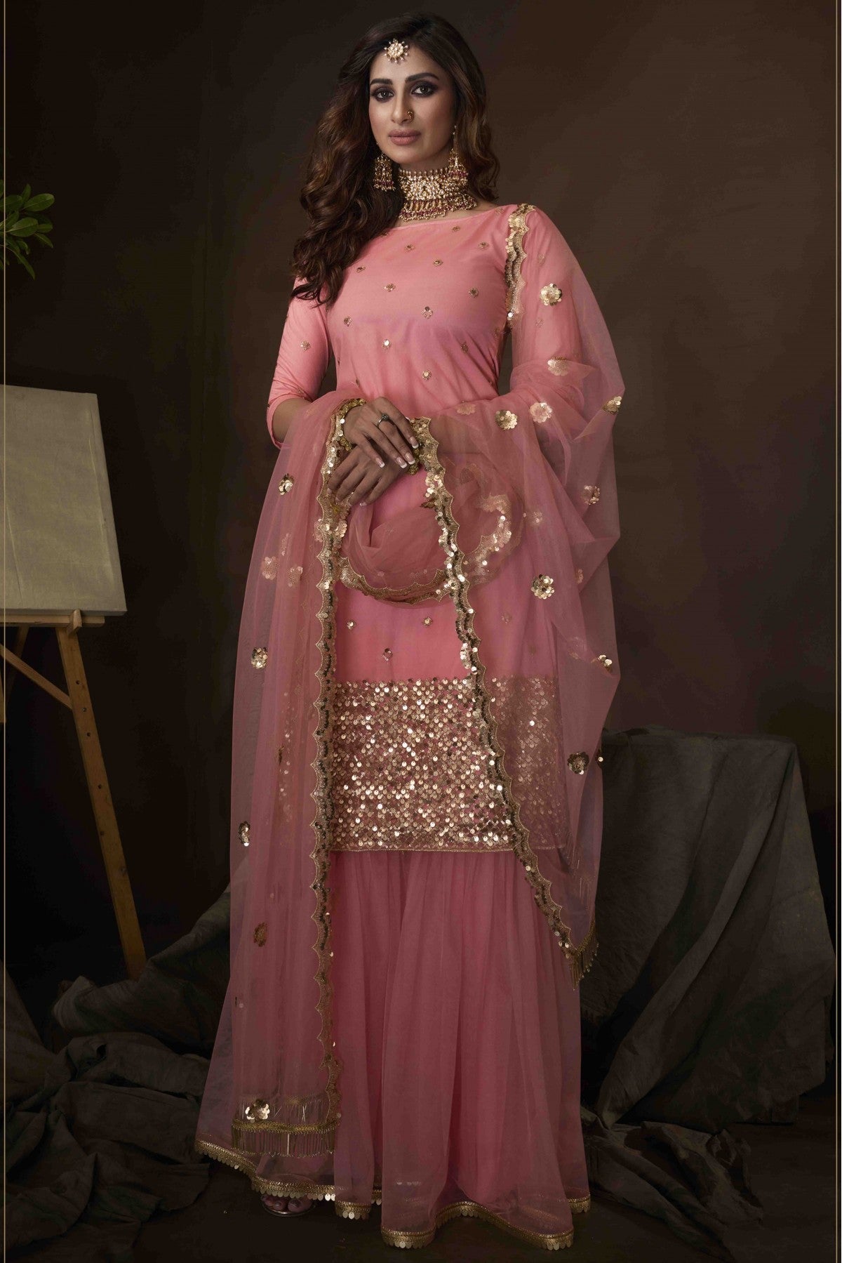 Pink Colour Soft Net Sequins Work Sharara Suit