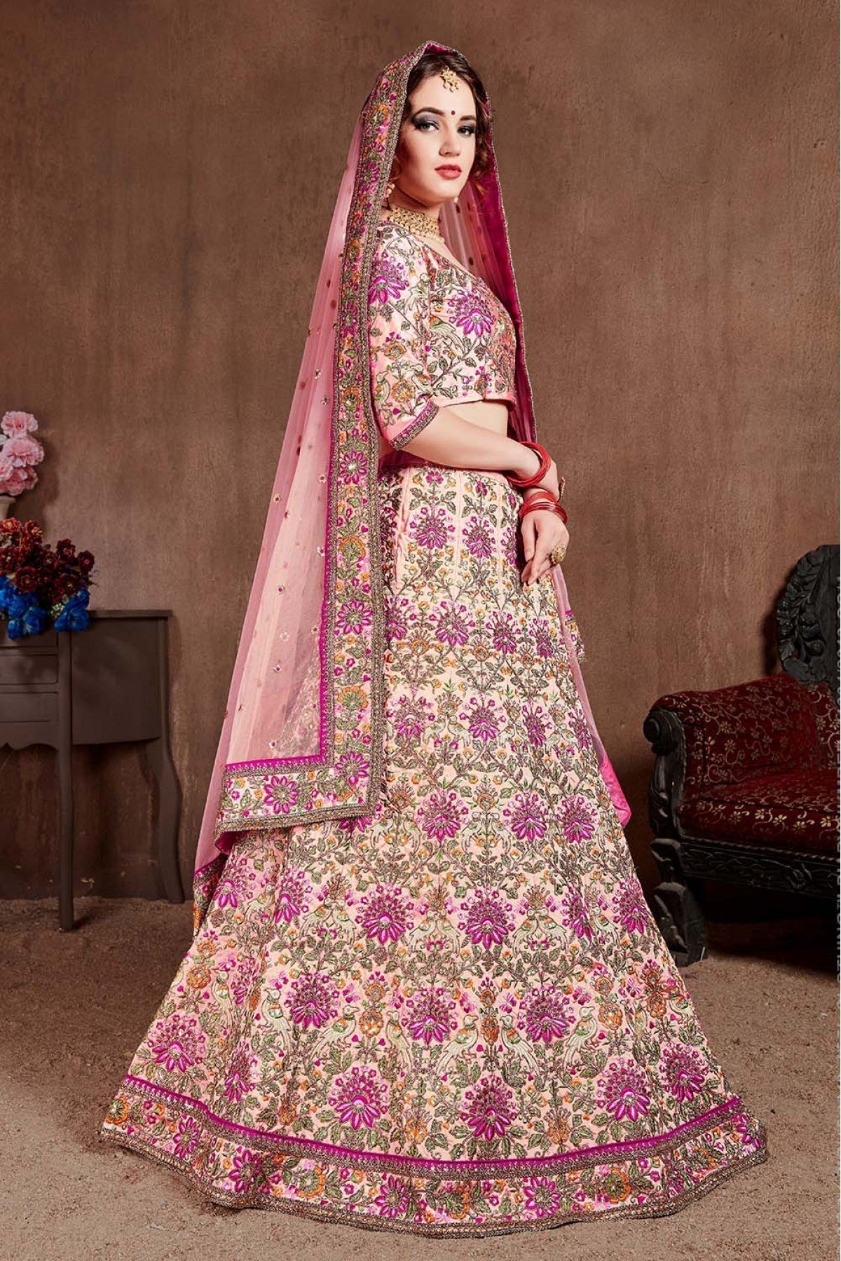 Pink Colour Taffeta Silk Lehenga Choli