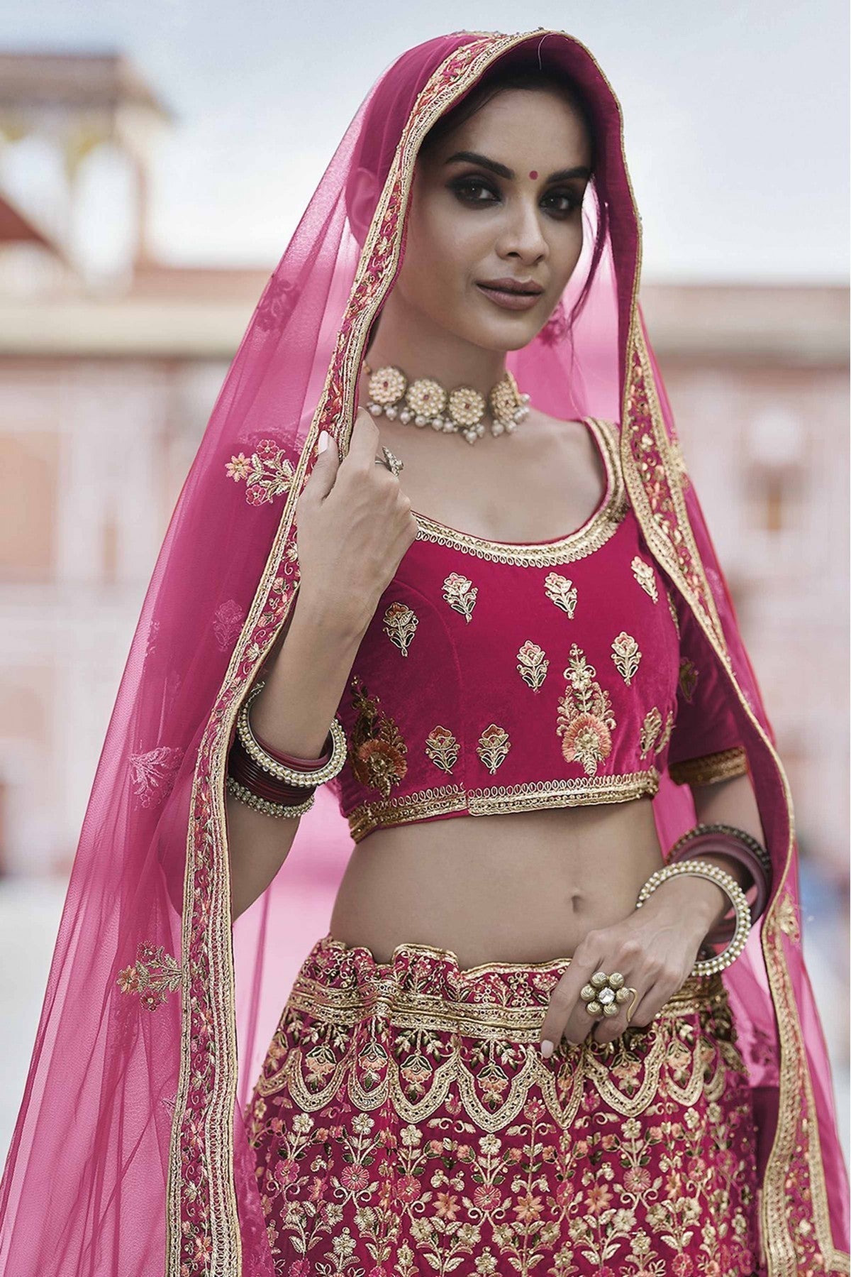 Pink Colour Velvet Hand Work Lehenga Choli