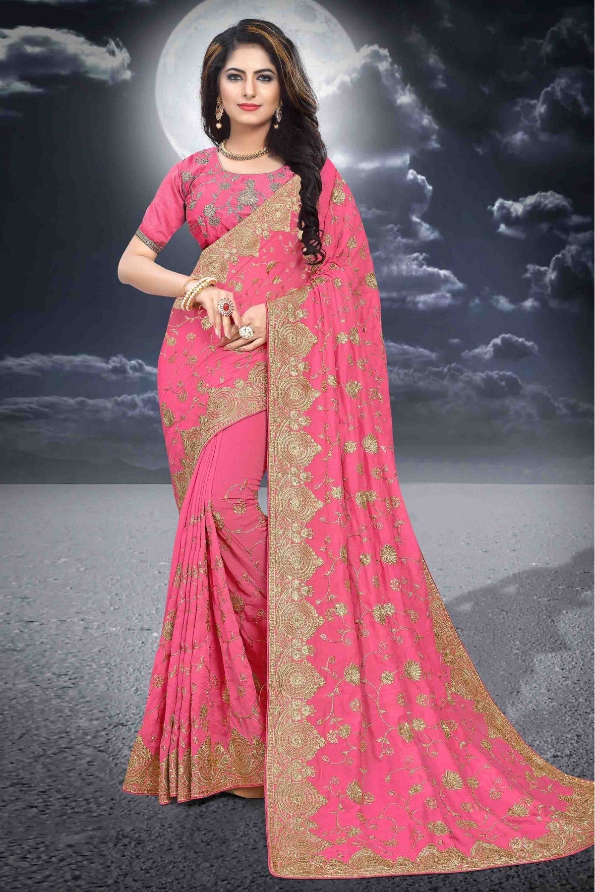 Pink Colour Vichitra Silk Designer Saree