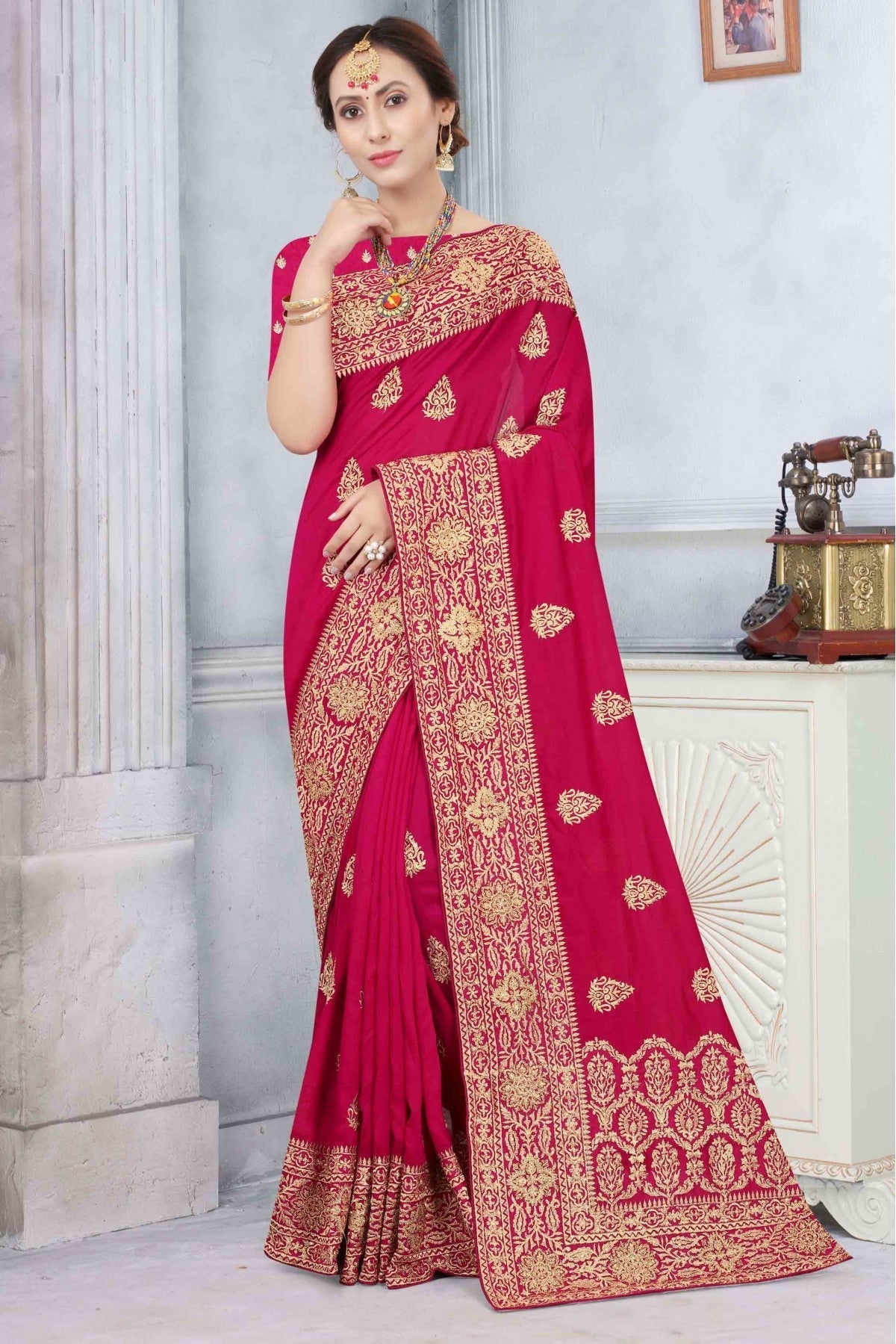 Pink Colour Vichitra Silk Designer Saree