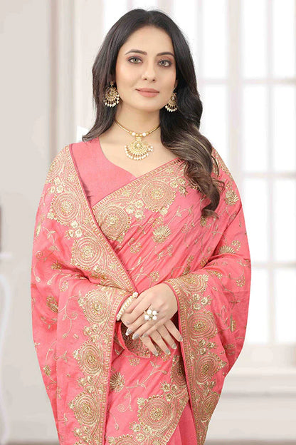 Pink Colour Vichitra Silk Designer Saree