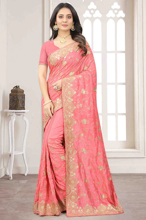 Pink Colour Vichitra Silk Designer Saree