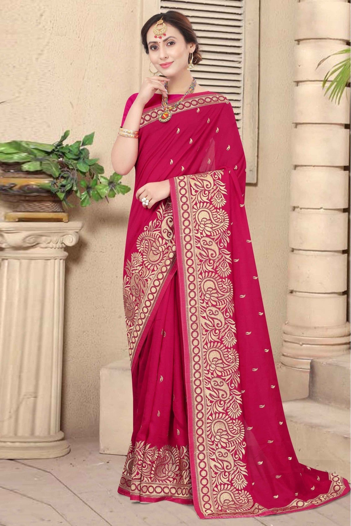 Pink Colour Vichitra Silk Designer Saree