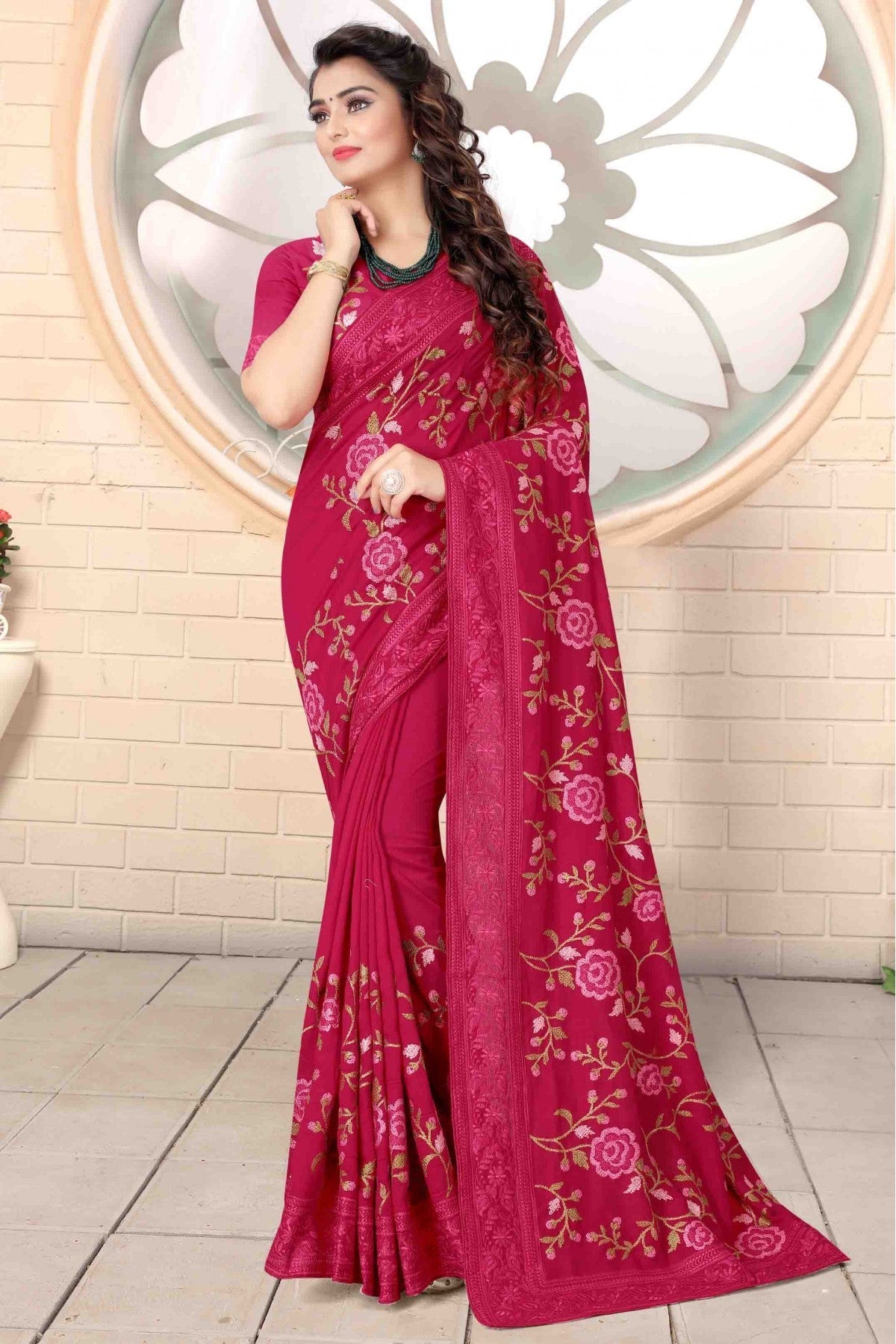 Pink Colour Vichitra Silk Designer Saree