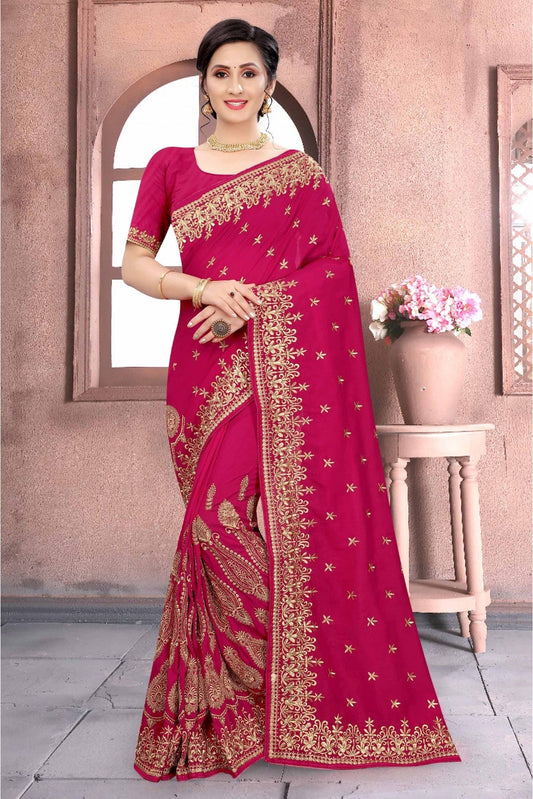 Pink Colour Vichitra Silk Embroidery Saree