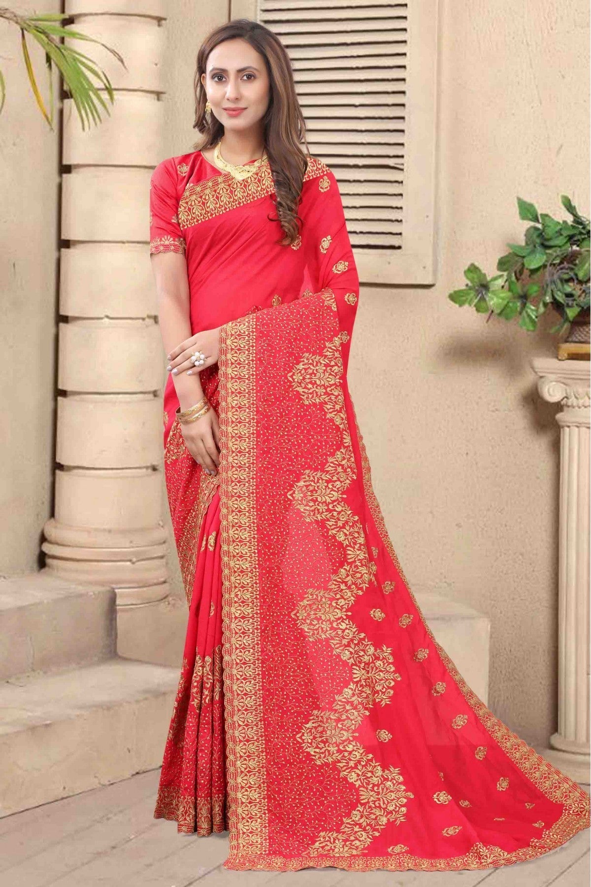 Pink Colour Vichitra Silk Embroidery Saree