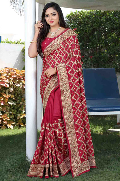 Pink Colour Vichitra Silk Embroidery Saree