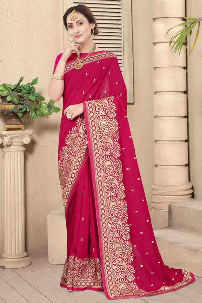 Pink Colour Vichitra Silk Embroidery Saree