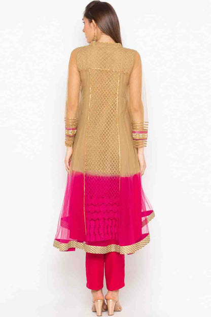 Pink and Brown Colour Plus Size Stitched Net Embroidery Pant Style Suit