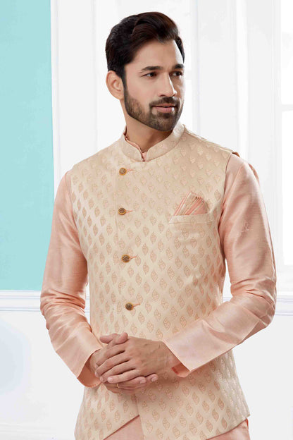 Pink and Cream Colour Kurta Pajama With Jacket In Silk Dupion Fabric