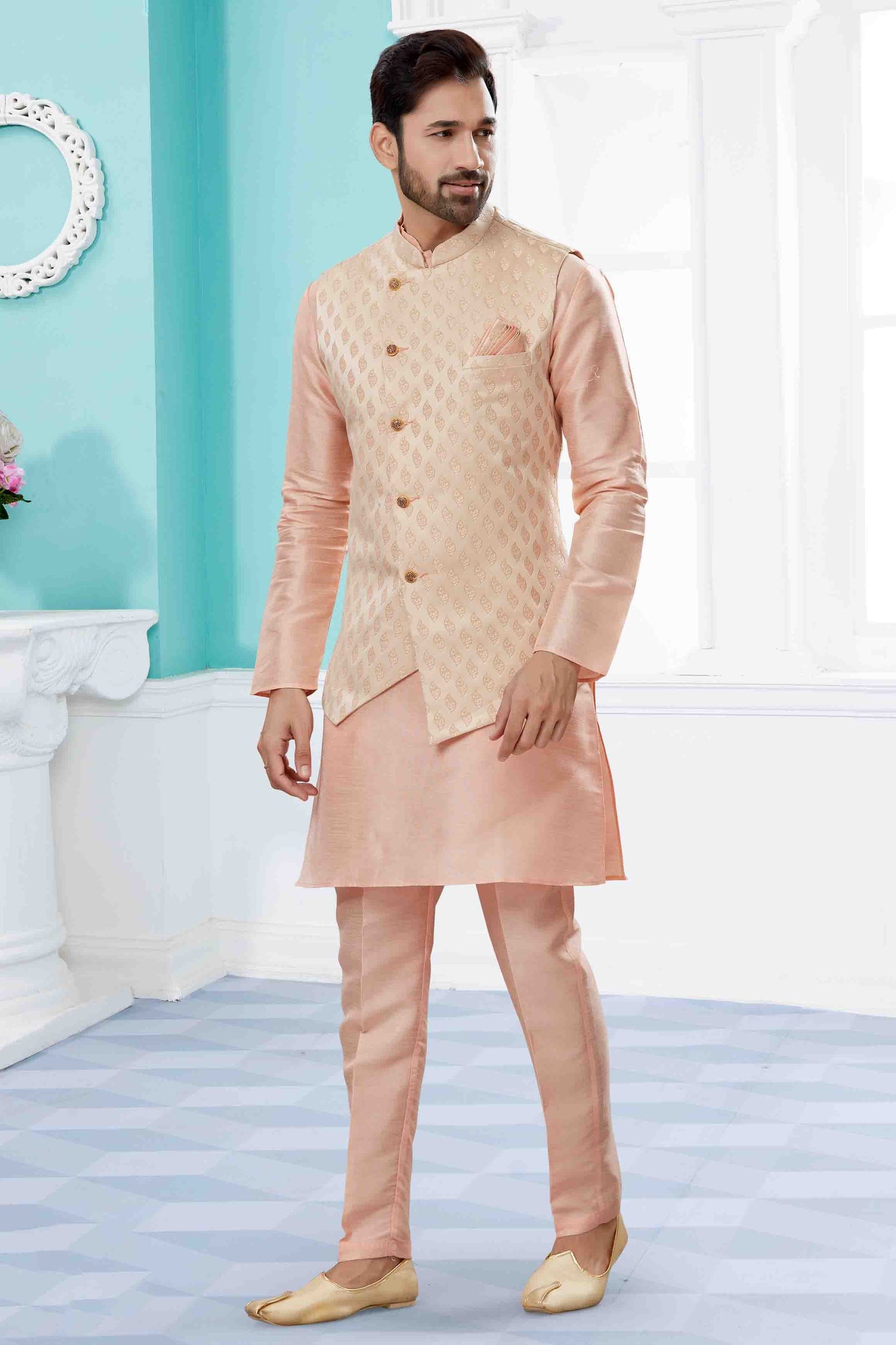 Pink and Cream Colour Kurta Pajama With Jacket In Silk Dupion Fabric