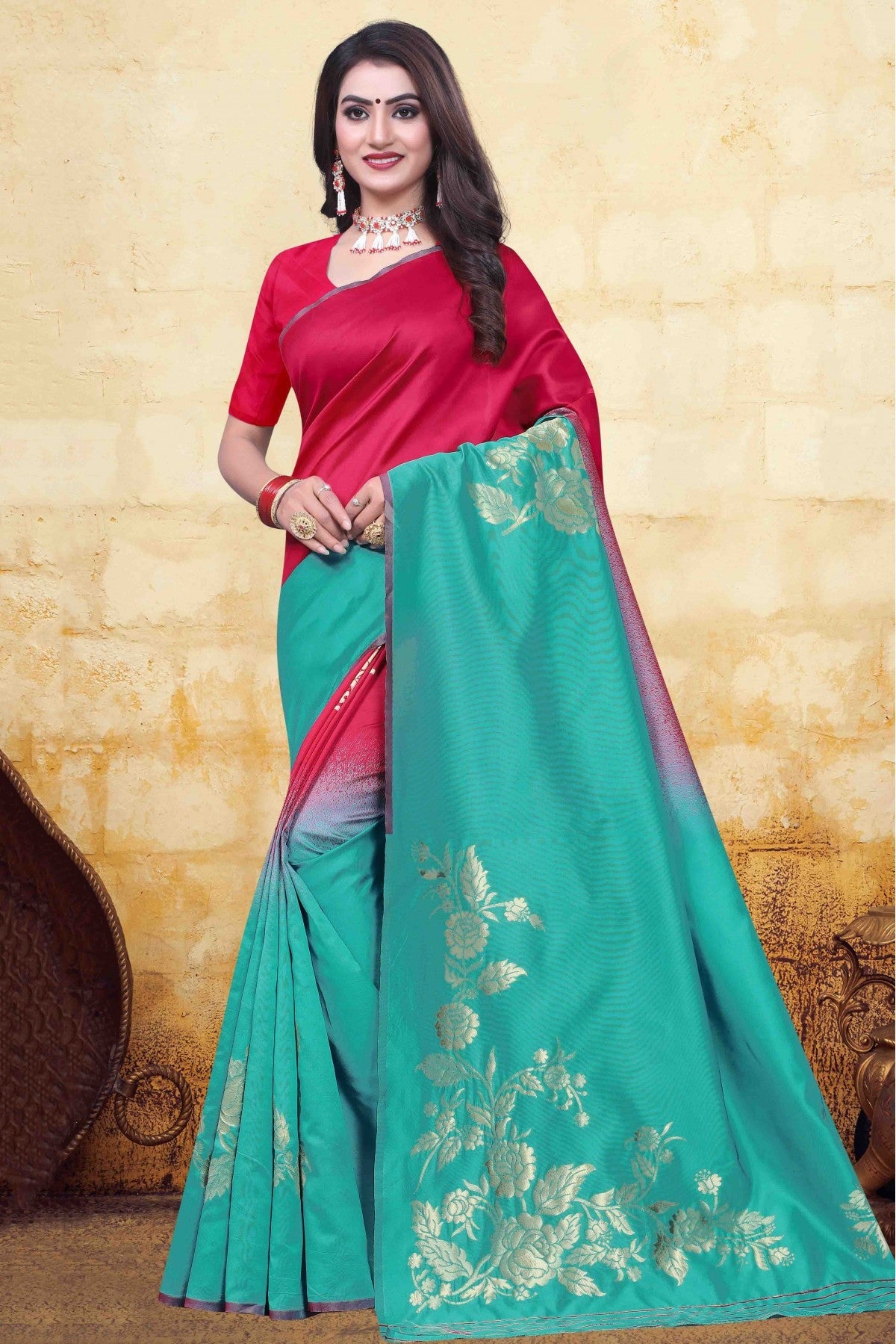 Pink and Green Colour Banarasi Art Silk Traditional Saree