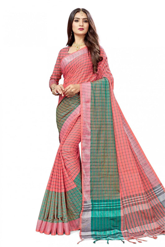 Pink and Green Colour Cotton Silk Woven Saree